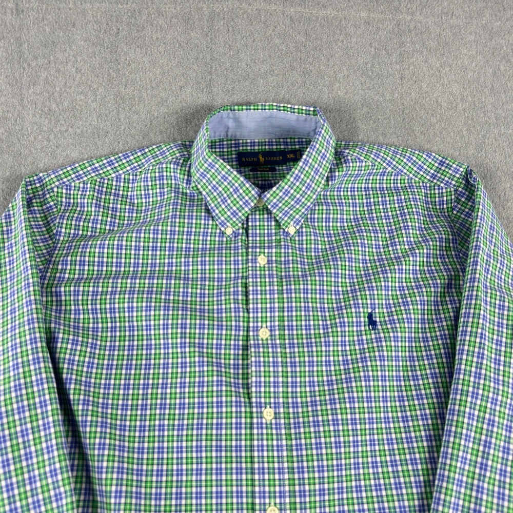 Ralph Lauren Plaid Shirt XXL Green Button Down Blue Pony Non-Iron